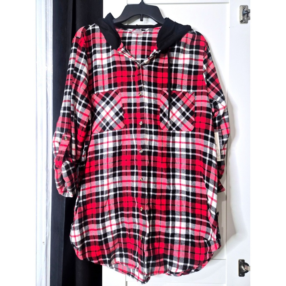 No Boundaries Red Black Plaid Hoodie Shirt XL Button Up Roll Tab Sleeve